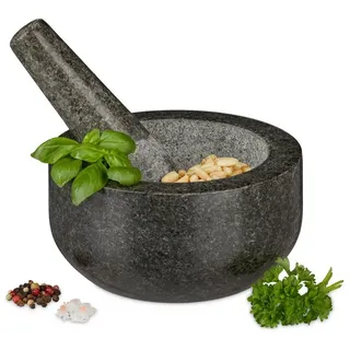 Relaxdays Granit Mörser mit Stößel, robust & langlebig, Gewürze, Kräuter, polierter Steinmörser, Ø 16 cm, 400 ml, grau