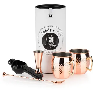 Buddy's Bar Buddy ́s Bar - Moscow Mule Komplett Set, 2 x 500 ml Cocktail-Becher, 27 cm Barlöffel, 5 cl Barmaß & Schwarze Limettenpresse, lebensmittelecht, Cocktail-Tassen-Set inkl. Geschenkbox, Kupfer gehämmert
