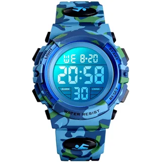 UEOTO Digitaluhr für Jungen, wasserdichte Sport Uhr Kinder Uhren mit Wecker/Stoppuhr/12-24H, Elektronische Kinderuhren LED Armbanduhr für Junior Teenager (Blue)