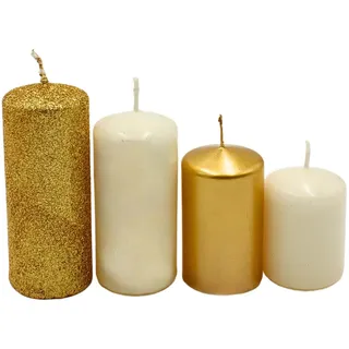 Dekohelden24 Gestufte Stumpenkerzen 280 g Gold/Elfenbein