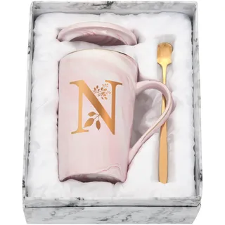 Joymaking Personalisierte Tasse mit Buchstaben Kaffeetasse mit Blumen Motiv, Namen Initiale persönliche Geschenke Kaffeetasse für Frauen Freundin, N - 400ml Rosa