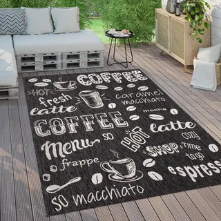 Outdoor Teppich Wetterfest Balkon Küche Modernes Muster Mit Schriftzug Grösse 200x280 cm - Grau