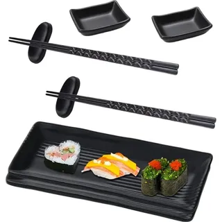 Sushi-Platte mit Dipschalen - Sushi-Service mit Stäbchen - Servierset mit japanischen Sushi-Tellern - 2 Paar Essstäbchen + 2 Essstäbchenplatten + 2 Teller + 2 Dipteller - Schwarz