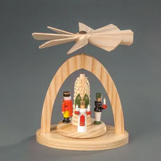Weihnachtspyramide ALBIN PREISSLER "Wärmespiel mit Engel, Bergmann und Nussknacker", beige (natur), B:11cm H:13cm T:7cm, Massivholz, Weihnachtspyramiden, Weihnachtspyramide, Handwerkskunst aus dem Erzgebirge