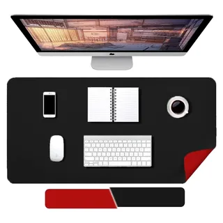 Schreibtischunterlage - 90 x 40 cm Doppelseitig Kunstleder-Schreibtischmatte, Mauspad Groß, Tischunterlage Schreibtisch, Desk Mat, Wasserdichte Antifouling, für Büro und Zuhause (Schwarz+Rot,)