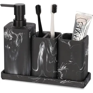 ZCCZ Badezimmer Set – 4 Teile – Badezimmer Organizer mit Zahnbürstenhalter, Zahnputzbecher, Seifenspender, Seifenschale, für Kosmetik und Wattestäbchen – Edle Badezimmer Deko in Marmor-Optik, schwarz