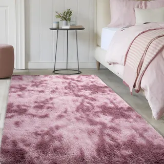 SOANNY Teppich Wohnzimmer Waschbar Anti-Rutsch 120x180 cm, Dunkelpink | Hochflor, Langflor, Flauschig, Weich, Tie-Dye, Pflegeleicht, Für Wohnzimmer Schlafzimmer Kinderzimmer Büro Bettumrandung
