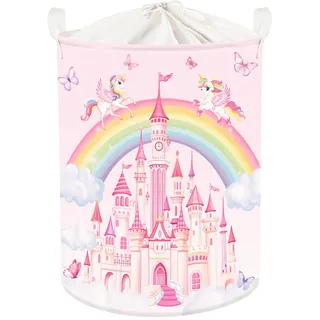 HUUMONSS Regenbogen Tiere Kinder Wäschekorb Faltbar für Mädchen Groß Kleidung Spielzeug Aufbewahrungskorb für Kinderzimmer Bad, Schlösser, 63L