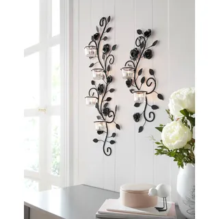 Wandkerzenhalter HOME AFFAIRE "Blumenranke, schwarz", schwarz (schwarz antik), Glas, Metall, Kerzenhalter, Wandkerzenhalter, Landhaus, Metall, Glas, schwarz antik