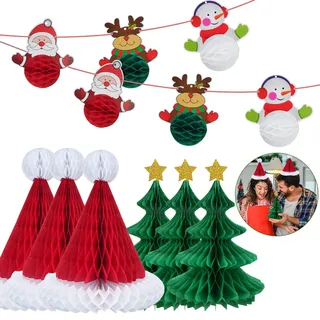 Vookkp 12PCS Weihnachtsdeko Papier Set Christmas Decorations Wiederverwendbare Weihnachtsmütze + Papier Weihnachtsbaum + Weihnachten Banner Girlande zum Aufhängen Weihnachtsdeko Innen