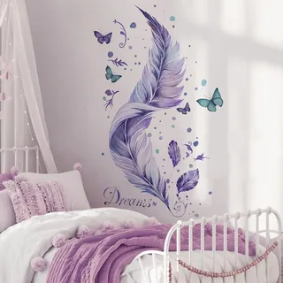 Runtoo Wandtattoo Feder XXL Wandsticker Schmetterling Lila Violett Wandaufkleber Kinderzimmer Babyzimmer Wohnzimmer Schlafzimmer Fenster Wanddeko