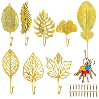 XingyLi 8 Stück Blätter Garderobenhaken Gold, Blatt Form Kleiderhaken Wand Haken mit 20 Schrauben, Metall Dekorative Hängende Wandhaken, Garderobe Handtuchhaken Schlüsselhalter für Küche Bad Dekor