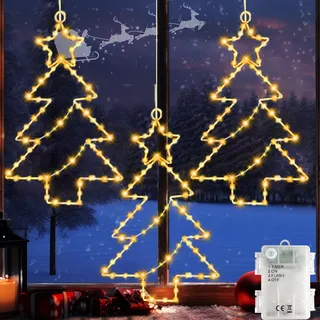 Joysing Weihnachtsdeko Fenster Beleuchtet 3 Stück Fensterbeleuchtung Weihnachten mit Batterie und Timer, Wasserdicht LED Stern Fenster 8 Modi Fensterdeko Weihnachten Beleuchtet für Innen Außen