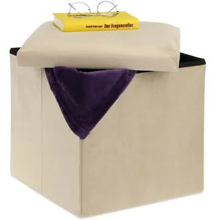 Relaxdays Sitzhocker mit Stauraum Samt 38 x 38 x 38 cm Creme