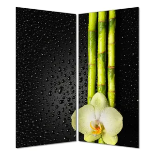 Wallario selbstklebende Duschrückwand 180 x 180 cm mit Motiv Grüne Orchidee mit Bambus auf schwarz - Regentropfen - Wandverkleidung mit Hochglanzlaminat in Glasoptik