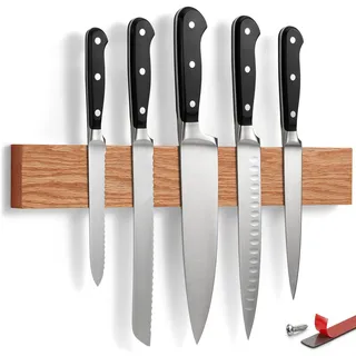 LARHN Magnetleiste Messer Selbstklebend - Eiche, 40 cm - Messerhalter | Extra Starker Magnet, Messerleiste Ohne Bohren, Inkl. Schrauben, 3M-Streifen Optional & Montagevideo, Hält Messer & Werkzeuge
