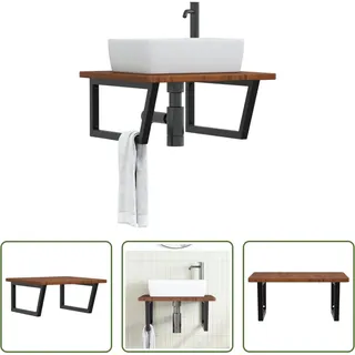 The Living Store Waschtischplatte mit Halterung Stahl und Massivholz Eiche - Braun