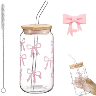 OUTALIZ Bow Glasbecher, 500ml Glasbecher Pinke Bow mit Deckel und Strohhalm, Schleife Glasbechers, Vielseitiges Trinkglas, Bubble Tea Becher, mit Reinigungsbürste, Wiederverwendbar, für Getränke