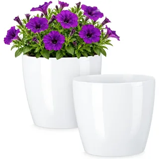 PECZEKO Glänzende Blumentöpfe - Deko Pflanztopf für Blumen & Kräuter - Langlebige & leichte runde Kunststoff-Pflanzentöpfe für Wohn- & Esszimmer, Küche, Terrasse, Balkon - 2er-Set - (Weiß, ø 36 cm)