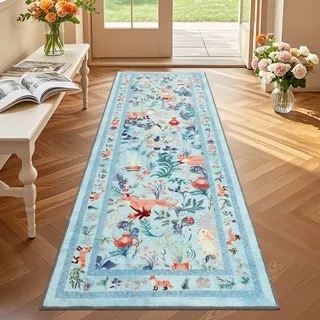 Geanup Teppich Läufer Flur 60x180 cm, Blau Küchenläufer Waschbar rutschfest, Weicher Schlafzimmer Teppich Läufer, Märchenstil Fuchs Flurteppich für Korridor Waschküche Wohnzimmer Kinderzimmer