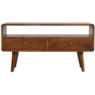 Artisan Furniture Medienunit Massives Mangoholz Gewölbte, Kastanienholz-Finish, mit 2 Schubladen , Braun , Holz , Echtholz,Mangoholz , Holz Optik , Rechteckig , 90x47x35 cm , FSC 100%, Handmade in India , Kleinmöbel, Kommoden, Sideboards