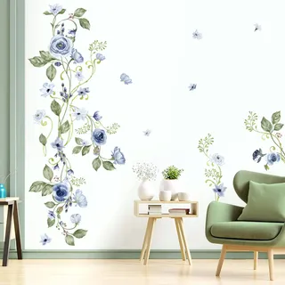 decalmile Wandtattoo Hängende Blume Rosen Blau Wandaufkleber Rebe Blätter Aquarell Wandsticker Mädchen Schlafzimmer Sofa Hintergrund Wanddeko