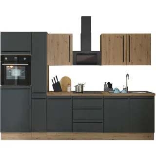 Küchenzeile KOCHSTATION "Florida", schwarz (küche: schwarz, front: artisan eiche, schwarz matt, korpus: artisan eiche, arbeitsplatte: artisan eiche), B:300cm H:211cm T:60cm, Komplettküchen-Sets, Küchenzeile, Breite 300 cm, wahlweise mit E-Geräten,Softclose für Türen/Schubkästen