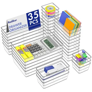Radikor Schubladen Organizer Set 35-teilig, Schubladeneinsatz 4 Größen | Transparenter Drawer Organizer für Make-up, Kosmetik und Bürobedarf. Flexible Aufbewahrung für Schubladen und Schminktisch