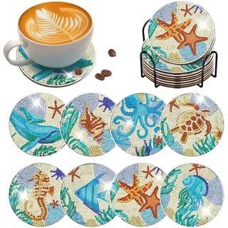 8 Stück Diamond Painting Untersetzer mit Halter-DIY Diamant Painting Set für Erwachsene & Kinder-Rund Mandala & Hund Motive Tassenuntersetzer mit Kork-Rückseite-Kreative Entspannung Bastelideen(Ozean)
