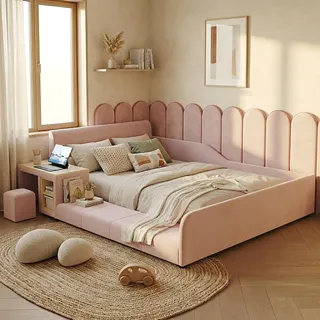 STILVORA Polsterbett 140x200cm mit Kinderschreibtisch und Hocker, Kinderbett mit Ablageboden und weichem Kopfteil, Einzelbett mit Holzlatten, Samt - Rosa