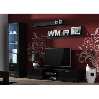 Furniture24 Wohnwand SOHO 1 mit Blauer LED Beleuchtung, Anbauwand, Wohnzimmerschrank, Schrankwand, Vitrine, Lowboard, Hängeregal Schwarz/Schwarz Hochglanz - Schwarz