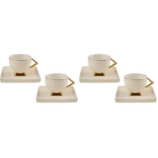 KARACA Art Deco Porzellan Espressotassen Set - 90 ml Kaffeetassen mit Untertassen 4-teilig Kaffeeservice Modern mit 2 x Kaffeetasse & 2 x Untertasse, Türkische Kaffeetassen/Mokkatassen - Creme