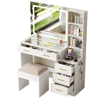 Shopentra Schminktisch Glasplatte mit LED-Spiegel, Steckdose & Hocker , Weiß , Holzwerkstoff , 36x140x110 cm , Schlafzimmer, Schminktische