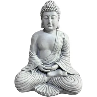 Relaxdays Buddha Figur sitzend, 42 cm, Gartenfigur, Vintage Dekofigur Wohnzimmer, wetterfest, frostsicher, ahellgrau