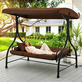 YODOLLA 3-Sitzer Hollywoodschaukel mit Liegefunktion, Verandaschaukel mit Verstellbarer Rückenlehne und Baldachin, Gartenschaukel für die Terrasse mit Kissen Schaukelbett, Braun