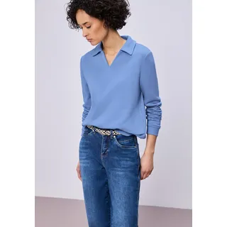 Sweatshirt STREET ONE, Damen, Gr. 44, blau (bonnet blau), Sweatware, Obermaterial: 85% Baumwolle, 15% Polyester, unifarben, lässig geschnitten hüftbedeckend, V-Ausschnitt, Bündchen, Sweatshirts Sweatshirt, mit Hemdkragen