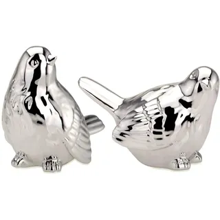 H.Bauer jun. Deko-Vögel Figurenset 2-teilig - silberfarbene Spatzen aus Porzellan, detailreich & elegant, Frühlingsdeko und Geschenkidee
