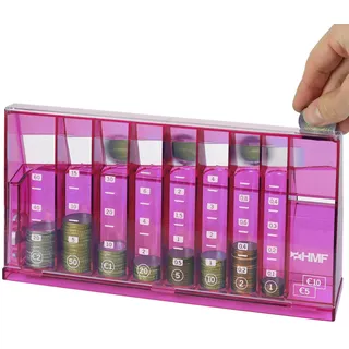 HMF Münzzähler mit automatischer Sortierung zur Kleingeld Aufbewahrung, transparenter Münzsortierer mit Werteskala als Spardose für Kinder | 24 x 12 x 5 cm | Pink