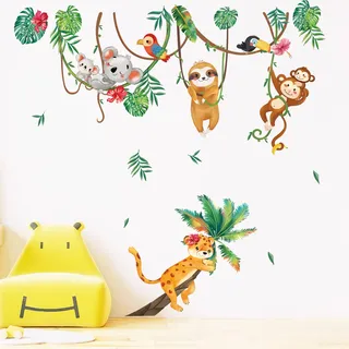 decalmile Wandtattoo Dschungel Tiere Wandaufkleber Affen mit Reben Koala Faultier Wandsticker Babyzimmer Kinderzimmer Schlafzimmer Wanddeko