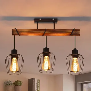 ZMH Deckenleuchte Wohnzimmer Vintage Deckenlampe Holz: Wohnzimmerlampe Decke Schwarz 3 flammig im Industrial Design E27 Küchenlampe aus Metall für Küche Esszimmer Restaurant - ohne Leuchtmittel