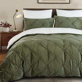 Lanqinglv Flanell Fleece Bettwäsche 135x200 Olivgrün Weiß Teddy Biber Winterbettwäsche Plüsch Cashmere Touch Flauschig Sherpa Pintuck Bettbezug mit Reißverschluss und 1 Kissenbezug 80x80cm