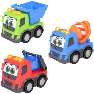 ABC - Baustellenfahrzeug Volvo Trucky ab 1 Jahr (13 cm) - Schiebeauto mit Licht & Sound für Kleinkinder zur Förderung der Motorik, 3-fach sortiert (Kipp-Laster, Betonmischer, Container-LKW)