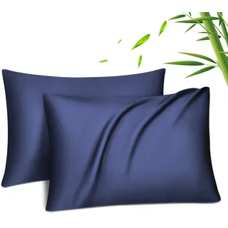 Fittia Lyocell Bambus Kissenbezug 50x75, kühlend atmungsaktiv Marineblau | Kopfkissenbezug 2er-Set, Bambusviskose, seidig weich, temperaturregulierend feuchtigkeitsableitend, verdeckter Reißverschluss