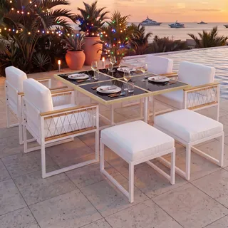 MODFU Gartenlounge- Set, Gartenmöbel Gartenstuhl Balkonmöbel-Set, 7er set Esstisch und Stühle für 6 Personen, mit Sitzkissen und Rückenkissen,Akazieholz, Holzfarbe+ Weiß - Weiß