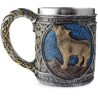 Edelstahl-Tasse, Wolfsbecher, Kunstharz, 3D, stereoskopisch, Retro-Wölfe-Tasse, Kaffeetasse, Halloween-Bierkrug, Metallbecher, Wolfs-Dekor, Wolfs-Geschenk für Männer