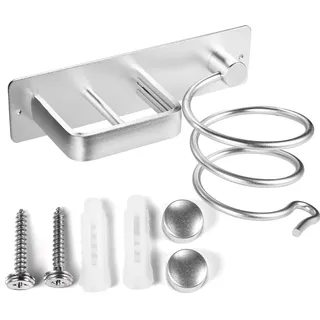YUET Föhnhalter Föhn Halterung Fönhalter Wandmontage, Aluminium Haartrocknerhalter und Glätteisenhalter, Föhnhalterung mit Kabelhalter, Bohren und ohne Bohren Zwei Arten der Installation, Silber