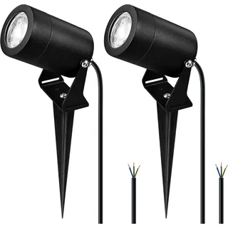 JNR Edelstahl LED Gartenbeleuchtung mit Strom und Erdspieß, Schwarz 2 Pack | IP65 Wasserdicht Gartenlampen für Draußen Strom mit 2M Kabel Kein Stecker, Gartenleuchten 5W GU10 3000K Warmweiß Glühbirne