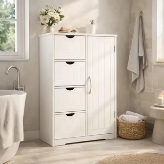 DUMOS Badezimmerschrank, MDF Kommode mit Schubladen, Badschrank Schmal Klein, Beistellschrank mit 4 Schubladen, 55 x 28.5 x 81 cm, für Badezimmer, Wohnzimmer, Schlafzimmer, Esszimmer, Küche, Weiß