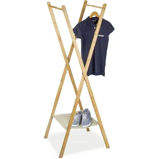 Relaxdays Kleiderständer aus Bambus HBT: 155,5 x 50 x 57,5 cm Garderobenständer mit Schuhablage platzsparend klappbar als Wäscheständer und Garderobe mit 2 Kleiderstangen aus Holz, natur