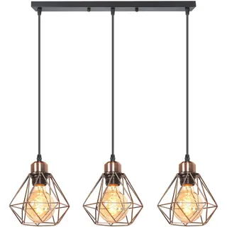 TOKIUS 3-flammig Pendelleuchte Vintage Industrial Hängelampe mit Geometrischem Design E27 Lampe aus Eisen Käfig Lampenschirm Retro Hängeleuchte für Esstisch Küche (Kupferrost, Pendellampe, Balken)